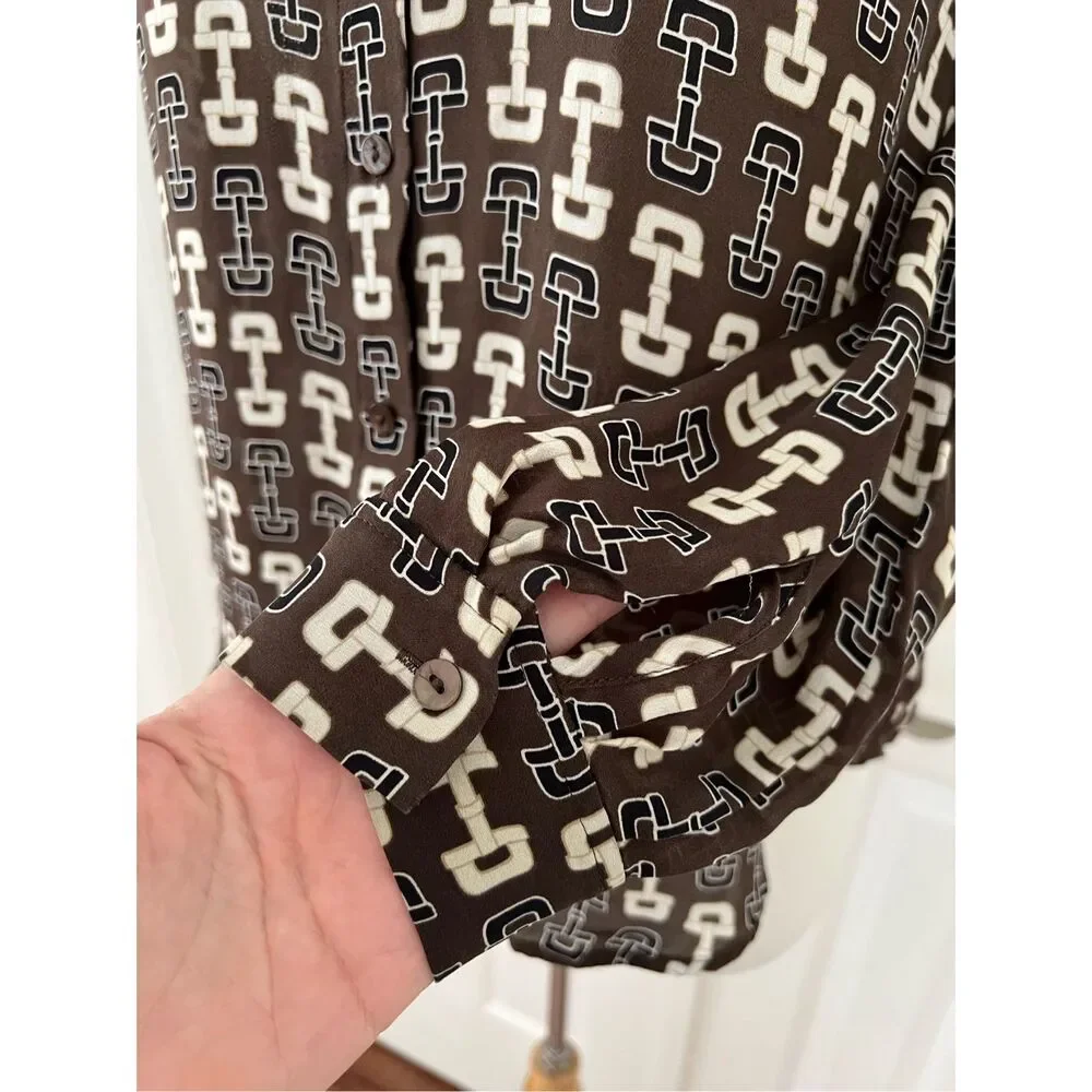 L'Agence Nina Horsebit Brown Ivory Buckle Print Button-Up Silk Blouse Size XS - Picture 4 of 9